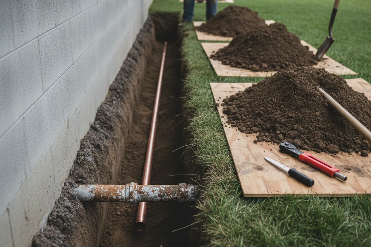 Excavated water line trench during Water Heater Repair in Palos Park